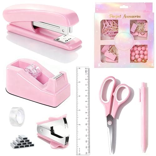 Pink Desk Accessories, Pink Office Supplies Accessories with Tape Dispenser, Stapler, Staple Remover, 1000 Staples, Tape, Clips Set, Ruler, Scissor, Pen - Image 1