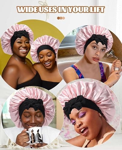 Satin Bonnet Silk Bonnet for Sleeping Silk Sleep Cap Double Layer Hair Bonnet with Elastic Tie Band for Curly Hair Night Cap (Black + Peach Pink) thumbnail 6