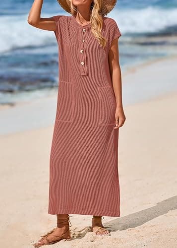 KIRUNDO Womens Summer Dresses 2026 Spring Ribbed Knit Henley Short Sleeve Maxi Dress Button Up Loose Beach Vacation Sundress thumbnail 6