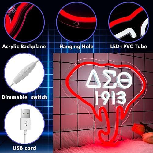 Gippro 1913 Sorority Neon Sign, Dimmable Led Red Elephant Sorority Neon Lights for Wall Decor, Led Sign Greek Letters USB Powered 1913 Sorority Gifts for Party Female Friend Gift(11.8 * 11in) thumbnail 3