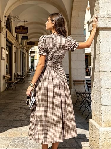 RIHOAS Plaid Gingham Midi Dress Short Sleeve Smocked Dresses for Women | Cotton,Ruffle Puff Sleeves,Vintage Brown,Spring Summer Casual Daily,Picnic,Travel,Vacation,Christmas Festive Occasions thumbnail 6