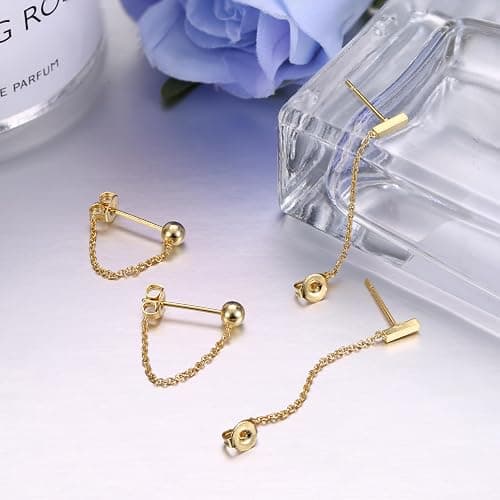 YADOCA 4 Pairs 14K Gold Chain Stud Earrings for Women Hypoallergenic | Stainless Steel CZ Ball Bar Huggie Hoop Earrings Stacks With Dangle Chain Cartilage Helix Earring Sets for Multiple Piercing thumbnail 7
