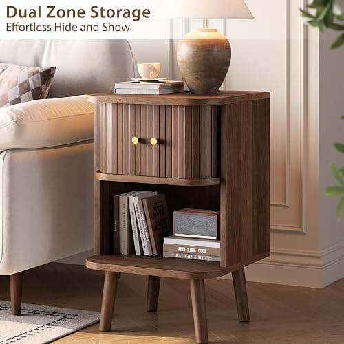 Decofy Fluted Nightstand Set of 2, Mid Century Modern Bedside Table with Charging Station, Walnut End Tables with Sliding Tambour Doors, Storage Cabinet and Open Shelf for Bedroom, Walnut thumbnail 4
