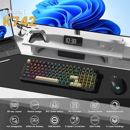Redragon K742 Wireless Mechanical Gaming Keyboard with Knob, Bluetooth 5.0/2.4GHz/USB C Wired Creamy Keyboard with Number Pad for PC Computer, RGB Backlits, Hot-Swappable with Linear Switches (Brown) thumbnail 2