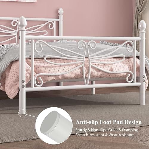 E-Ser Twin Size Bed Frame, Metal Platform Bed Frame with Dragonfly Pattern Headboard and Footboard, Strong Metal Slats Support, No Box Spring Needed, Easy Assembly, Noise-Free, White thumbnail 5