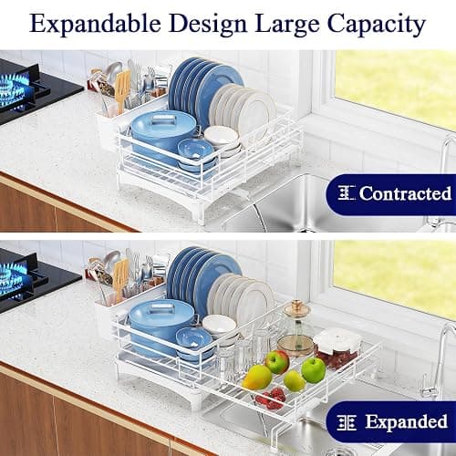 COHOSEGE Large Dish Drying Rack,Extendable Dish Rack with Cutlery Holder, Anti-Rust White Dish Racks for Kitchen Counter,Dish Drainers for Kitchen Sink,Over The Sink Drying Rack Kitchen thumbnail 3