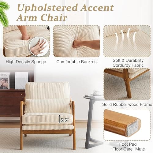 VINGLI Upgraded Premium Corduroy Accent Chair,Upholstered Arm Chair,Solid Wood Comfy Reading Chair with Lumbar Pillow, Mid Century Modern Chairs for Living Room,Bedroom,Guest Room,Beige thumbnail 6