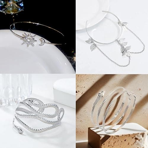 EIELO 6-10Pcs Arm Cuff Bracelets for Women Upper Arm Bands Snake Feather Armband Greek Goddess Filigree Swirl Boho Armlet Cuff Bangle Adjustable Golden/Silvery Arm Bracelet Set thumbnail 7