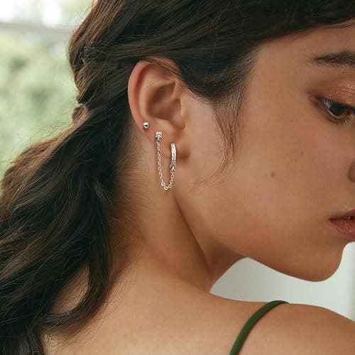 Adramata Chain Earrings for Women - 925 Sterling Silver Double Piercing Stud Hoop Earrings 14K Gold Huggie Earrings for Multiple Piercing CZ Drop Cartilage Helix Earrings for Teen Girls thumbnail 3