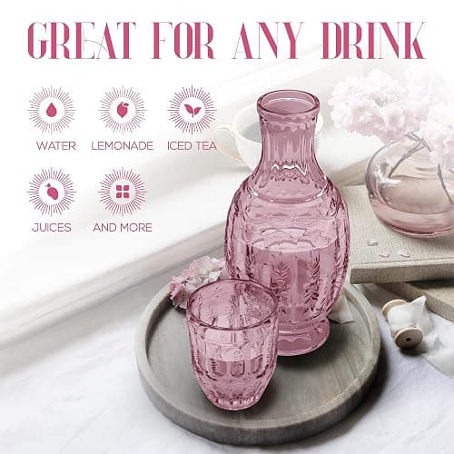 Elle Décor Vintage Bedside Water Carafe With Tumbler – Elegant Pitcher and Matching Drinking Glass Doubles As Lid For Guest Room, Office-Makes A Gift, 4.7x10.4, Pink thumbnail 7