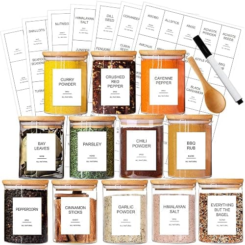 GPOVVIMX 12 Pcs Glass Spice Jars with Bamboo Airtight Lids and 191 Labels - 8.5oz Small Food Storage Containers for Kitchen, Seasoning, Coffee, Herb - Spoon and Marker Included - Image 1