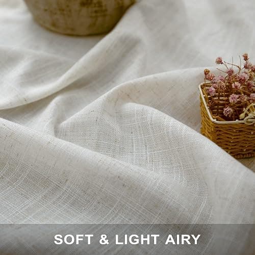 Natural Linen Back Tab Curtains 84 Inch Length for Living Room 2 Panel Pocket Drape Light Filtering Semi Sheer Neutral Country Rustic Farmhouse Boho Curtain Bedroom Muslin Look Ivory Cream Colored thumbnail 2
