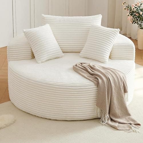 Oversized Round Chair Lounge Chaise Indoor, Upholstered Corduroy Deep Seat Cloud Large Circle Sofa Chair, No Assembly Required, Fluffy Modern Sleeper Sofa Bed for Reading, Living Room, Bedroom, White - Image 1