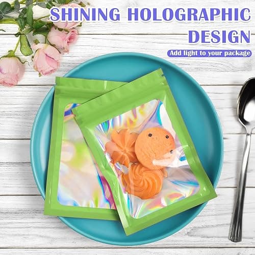 JETMORE 100 Pcs Mylar Bags, Smell Proof Bags Foil Pouch, Holographic Resealable Bags for Small Business, Candy Sample Jewelry Bag Sealable Packaging for Party Favor Food Storage (2.4x3.9in-Green) thumbnail 2