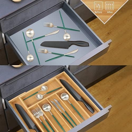 VaeFae Bamboo Drawer Organizer, Expandable Silverware Drawer Organizer, Cutlery Tray with Dividers for Kitchen Utensils, Medium thumbnail 6