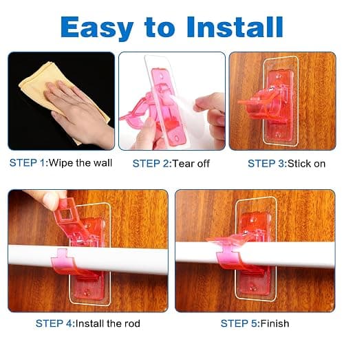 6-Pack No Drill Needed Curtain Rod Holders Brackets, Self Adhesive Rods Holder Hooks, Multipurpose Nail-Free Stick on Curtain Rod Hooks-Transparent Berry Pink thumbnail 5
