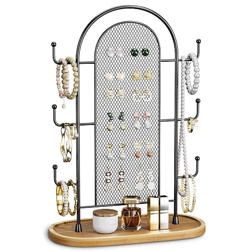 bussdis Jewelry Holder Organizer Earring Display - Stands Earring Storage Earring tree Hanger Jewelry Towers Rack with 6 Hooks 300 Stud Holes Wood Tray for Necklaces Bracelets Rings - Image 1