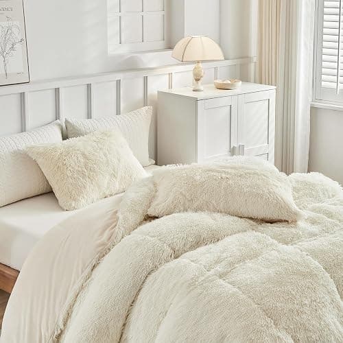 LenLuck Fluffy Full Size Comforter Set, Cream White Comforter with 2 Pillow Shams, Ultra Soft Thick Comforter, Fuzzy Bedding Plush Comforter Sets, Cozy Full Size Bed Set for All Seasons thumbnail 4