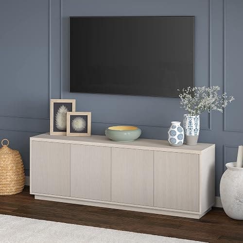 Henn&Hart Fluted TV Stand for TVs up to 75" with 2 Concealed Ribbed Storage Cabinets and Adjustable Shelves for Living Room, Family Room, or Office, Beech White thumbnail 8