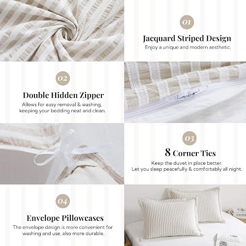MILDLY Jacquard Stripe Duvet Cover - 100% Washed Cotton Light Khaki Boho Textured Comforter Cover 3pcs with Zipper Closure 90"x90" thumbnail 6