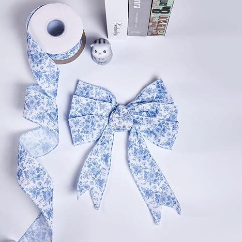 Blue Floral Wired Ribbon 2.5 Inch Vintage Flower Chinoiserie Printed Fabric Ribbon for DIY Crafts Wreath Bow Making, 15 Yards thumbnail 5