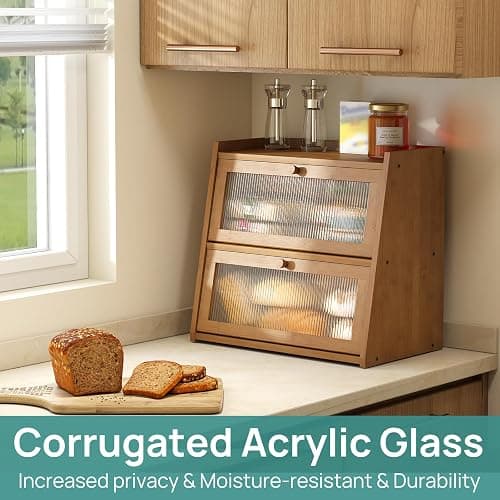 viewcare Extra Large Bread Box, Double Layer Bread Box for Kitchen Counter, Bamboo Wood Large Capacity Bread Storage Bin with Acrylic Wavy Door Panel thumbnail 6