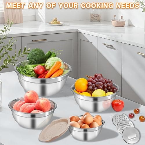 Mixing Bowls with Airtight Lids for Kitchen, 7 Piece Stainless Steel Metal Nesting Storage Bowls, 3 Grater Attachments, Size 4.5, 3.6, 2.7, 2.1,1.7, 1.1,0.7QT for Mixing, Baking & Serving Food thumbnail 2