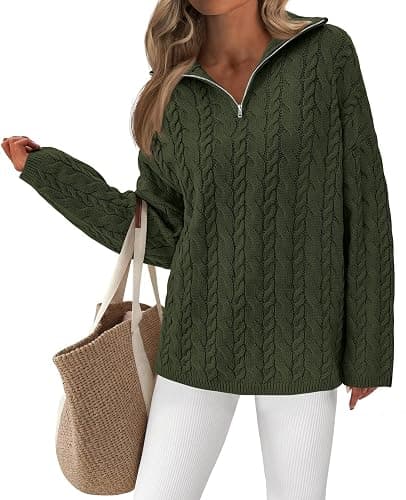 PRETTYGARDEN Womens Fall Sweaters 2025 Long Sleeve Quarter Zip Pullover Sweater Casual Loose V Neck Cable Knit Jumper Tops - Image 1