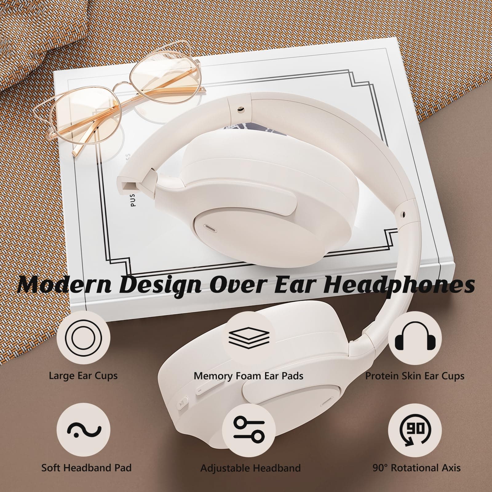 Active Noise Cancelling Headphones, Bluetooth 5.3 Version, Wireless Headsets, 55H Playtime, ANC Mode Over 28dB Noise Reduce, CVC 8.0 Mic, Hi-Fi Audio Sound, USB-C Charge, Protein Skin Over Ear Cups. thumbnail 5