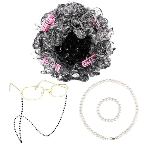 URATOT 5 Pieces Halloween Old Lady Wig Costume Set Grandma Wig Hair Rollers Glasses Chain Necklace Bracelet - Image 1