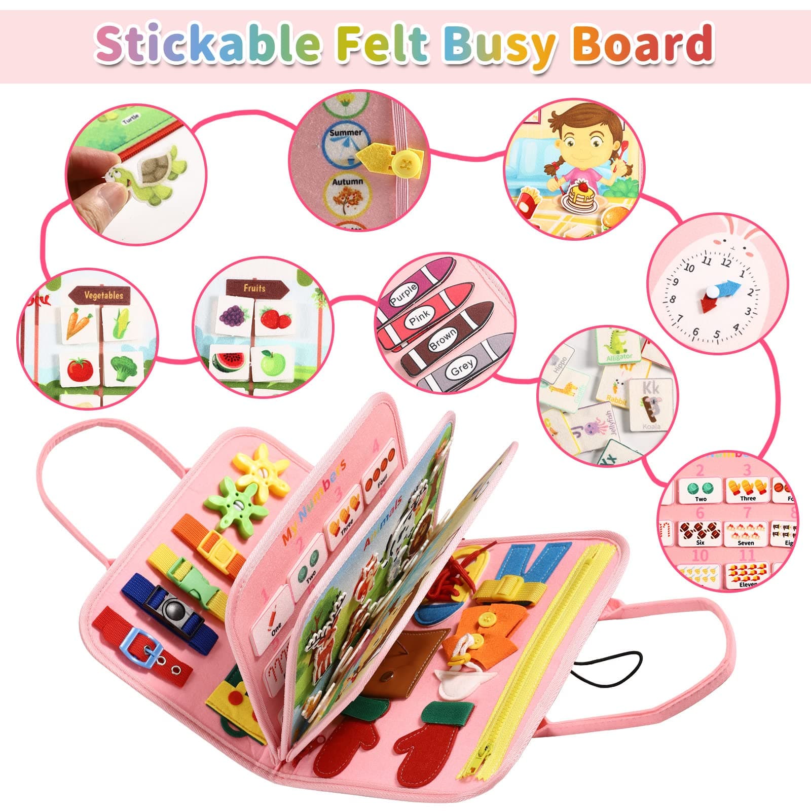 Busy Board Bag for Toddler with Zipper Removable 5 Page, Sensory Activity Developing Board Toys for Preschool, Quiet Book Educational Toys, Montessori Learning Early Education Travel Toy(Pink) thumbnail 5