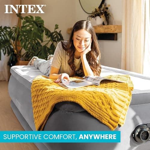 Intex Twin Size Air Mattress, 18in Height, Built-in Pump, Dura-Beam Deluxe Comfort-Plush - Portable Inflatable Blow-up Bed for Camping, Travel, Guests thumbnail 4