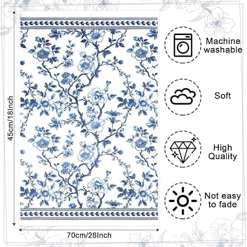 HunnmingRe 2 Pcs Chinoiserie Floral Kitchen Towels Blue White Flowers Dish Towels 18 x 28 Inch Vintage Farmhouse Cottage Decor Toile De Jouy Dish Microfiber Hand Drying for Bathroom French Country thumbnail 3