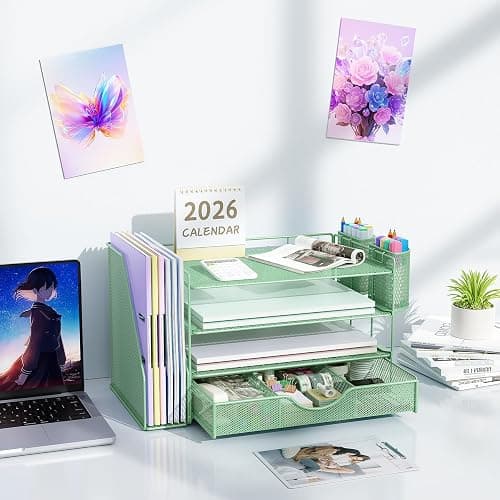 gianotter 4-Tier Desk Organizer with Drawers, File Holders, Letter Trays and Pen Holders - Workspace Accessories for Office Supplies (Sage Green) thumbnail 7