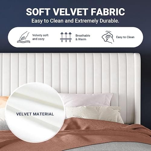 Allewie Queen Size Velvet Bed Frame/Vertical Channel Tufted Wingback Headboard/Upholstered Platform Bed/Strong Wooden Slats/No Box Spring Needed/Easy Assembly/White thumbnail 6