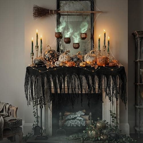 Breling 2 Pcs Halloween Creepy Cloth Black Cloth 98" x 35" Spooky Creepy Gauze with 18.04 ft String Lights Hanging Spooky Decor for Halloween Party Supplies Fireplace Window Table Doorways Decor thumbnail 5