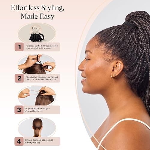 Kitsch Hair Ties No Damage - Strong, Stretchy Hair Bands | Soft Nylon Ponytail Holders, Snag-Free Rubber Bands, Perfect for Updos & Braids | Ideal Gifts for Women - Black, 8pcs thumbnail 7