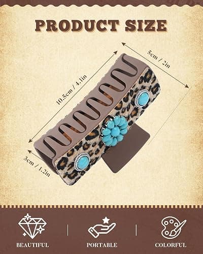 ACECHA Western Hair Claw Clips for Women, Turquoise Stone - Leopard Print Leather Hair Clips, Large Cowgirl Hair Accessories Rodeo Style Fashion Hairclips Gift (Coffee 02) thumbnail 2