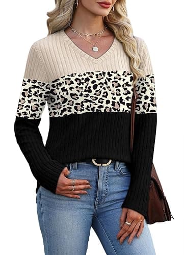 WIHOLL Womens Sweaters Trendy Tops Long Sleeve Shirts Fall Outfits Fashion | 2026 Fall Clothes, V Neck, Color Block, Lightweight, Cute, Soft thumbnail 4