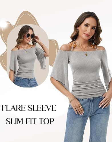 Off The Shoulder Tops for Women, Casual Bell Sleeve 3/4 Length Going Out Halter Neck Top thumbnail 4