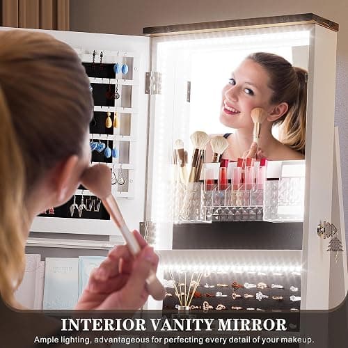 360°Swivel jewelry organizer with Full Length Mirror with Lights,Jewelry Armoire Cabinet Standing with Drawers,Large Mirror Storage for Jewelry and Makeup,Best Gift for Mom,Wife & Girls（White） thumbnail 6