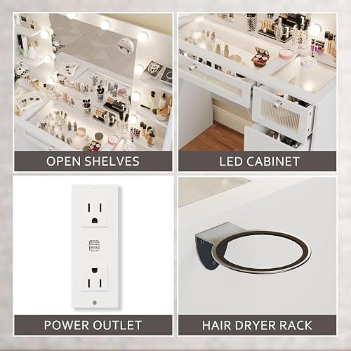 VQRhome White Vanity with Lighted 23.5” Mirror, Glass Top Vanity Desk with 9 Drawers & 3 Color Hollywood Bulbs & 4 Shelves & Acrylic & Power Outlet, Makeup Desk Dressing Table for Bedroom thumbnail 6