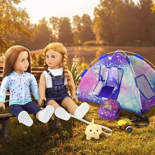 Ecore Fun 5 Items 18 inch Dolls Camping Tent Set and Accessories Including Girl Doll Tent, Sleeping Bag, Backpack, Toy Camera and Dog thumbnail 3