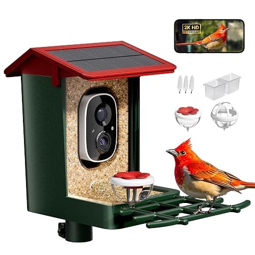 Smart Bird Feeder with Camera Solar Powered, 2K HD Video, AI Bird Species Identification, Instant Arrival Alerts, Weatherproof Design for Effortless Birdwatching, Best Gift for BirdLovers, Red - Image 1