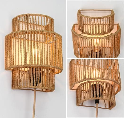 AKEETO Plug-in Wall Sconces Set of 2, Handwoven Bohemian Wall Decor with Switch, Wall Lights Fixtures for Bedroom Living Room Hallway Porch thumbnail 3