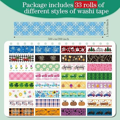 TaoBary 33 Rolls Washi Tape Set, 15 mm Holiday Washi Tape Set Seasonal Plaid Bohemian Colorful Vintage Cute for Card Wrapping Craft(Cute Style) thumbnail 2