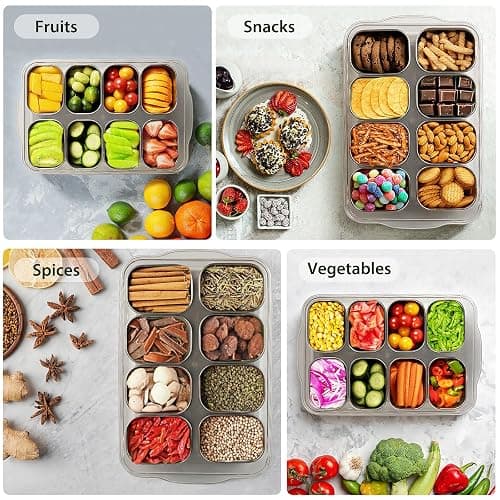 Snackle Box Container, Stainless Steel Divided Serving Tray with Lid and Handle, 8 Compartment Portable Snack Platters - Clear Storage Organizer for Fruit Candy Nuts Veggie - Perfect for Travel Party thumbnail 7