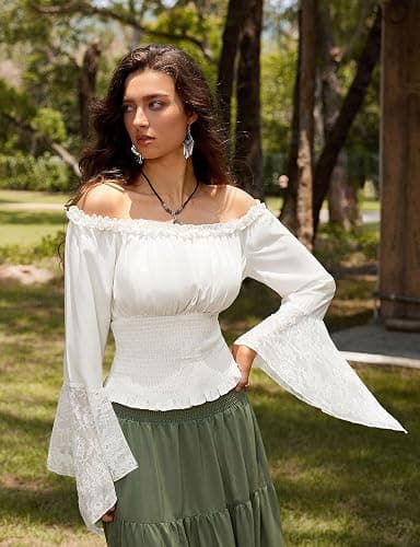 Scarlet Darkness Renaissance Shirt Women Bell Sleeve Off The Shoulder Pirate Blouse Peasant Dressy Top thumbnail 2