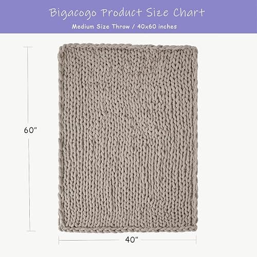 Bigacogo Chunky Knit Throw Blanket for Couch, 40x60 inches, 100% Hand Knitted with Thick Jumbo Chenille Yarn, Cozy Soft Large Rope Knot Cable Crochet Blankets for Sofa Bed Living Room, Taupe thumbnail 2