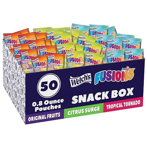 Welch's Fruit Snacks Fusions, Variety Pack, Gluten Free, 0.8 oz, 50 Ct | Juice-filled 2-in-1 fruit snack, 3 flavor collections: Original Fruits, Tropical Tornado & Citrus Surge, gluten free - Image 1
